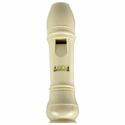 Cream-colored plastic school recorder for sale with gold AXIOM logo, perfect to buy school recorder Australia