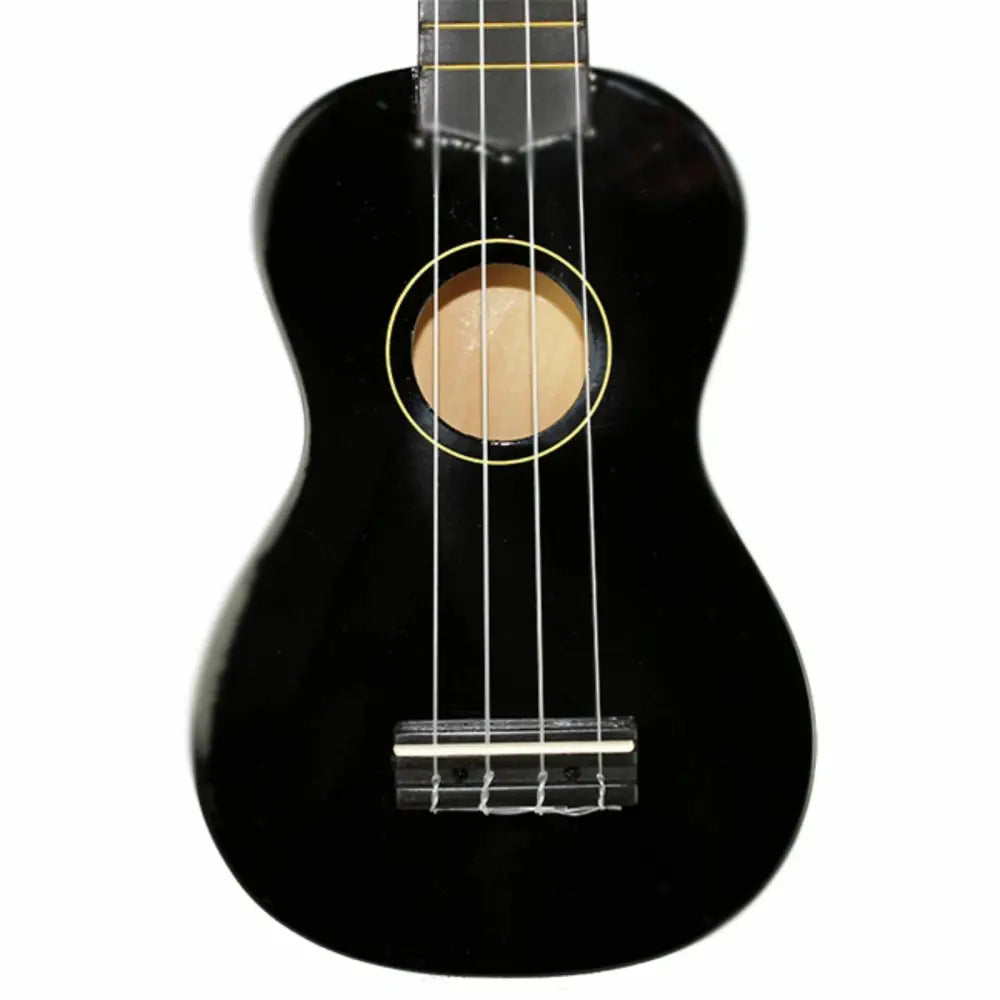 Black four-string ukulele with light soundhole, great budget ukulele for sale Australia