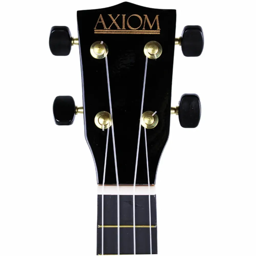 Black ukulele headstock with gold tuning pegs and white strings, perfect budget ukulele with bag Australia