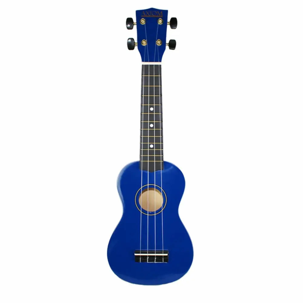 Blue wooden ukulele with black strings and light brown soundhole from Axiom Spectrum ukulele package with carry bag Australia