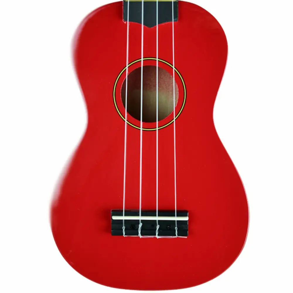 Red ukulele with four white strings and black bridge, perfect ukulele set with carry case Australia