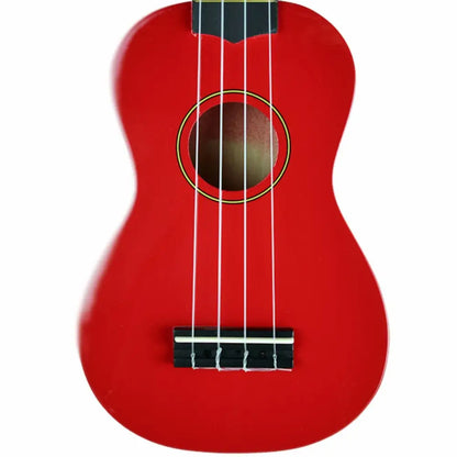 Red ukulele with four white strings and black bridge, perfect ukulele set with carry case Australia