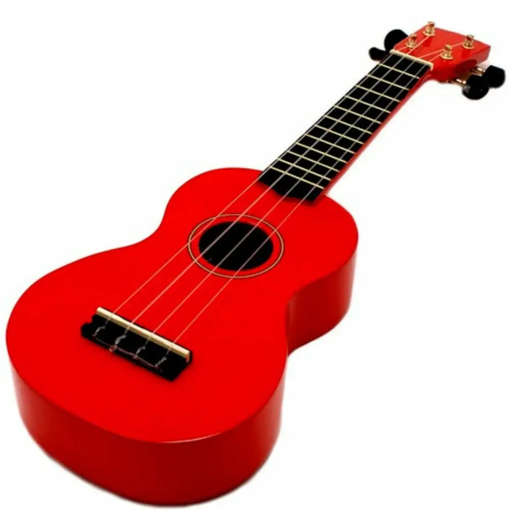 Red ukulele with black fretboard and bridge from Axiom Spectrum ukulele set with carry case Australia