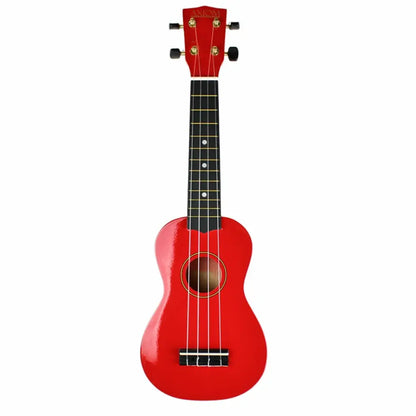 Red ukulele with four strings and black fretboard from Axiom Spectrum ukulele set with carry case Australia