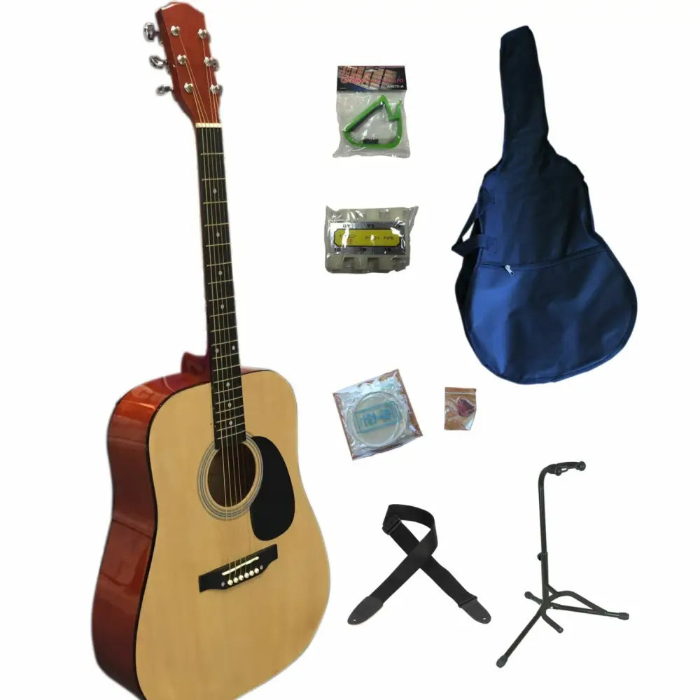 Light brown acoustic guitar with black pickguard and six tuning pegs, perfect for beginners in Australia