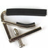Silver-colored metal guitar capo for steel string guitar with black rubber pads and tension screw