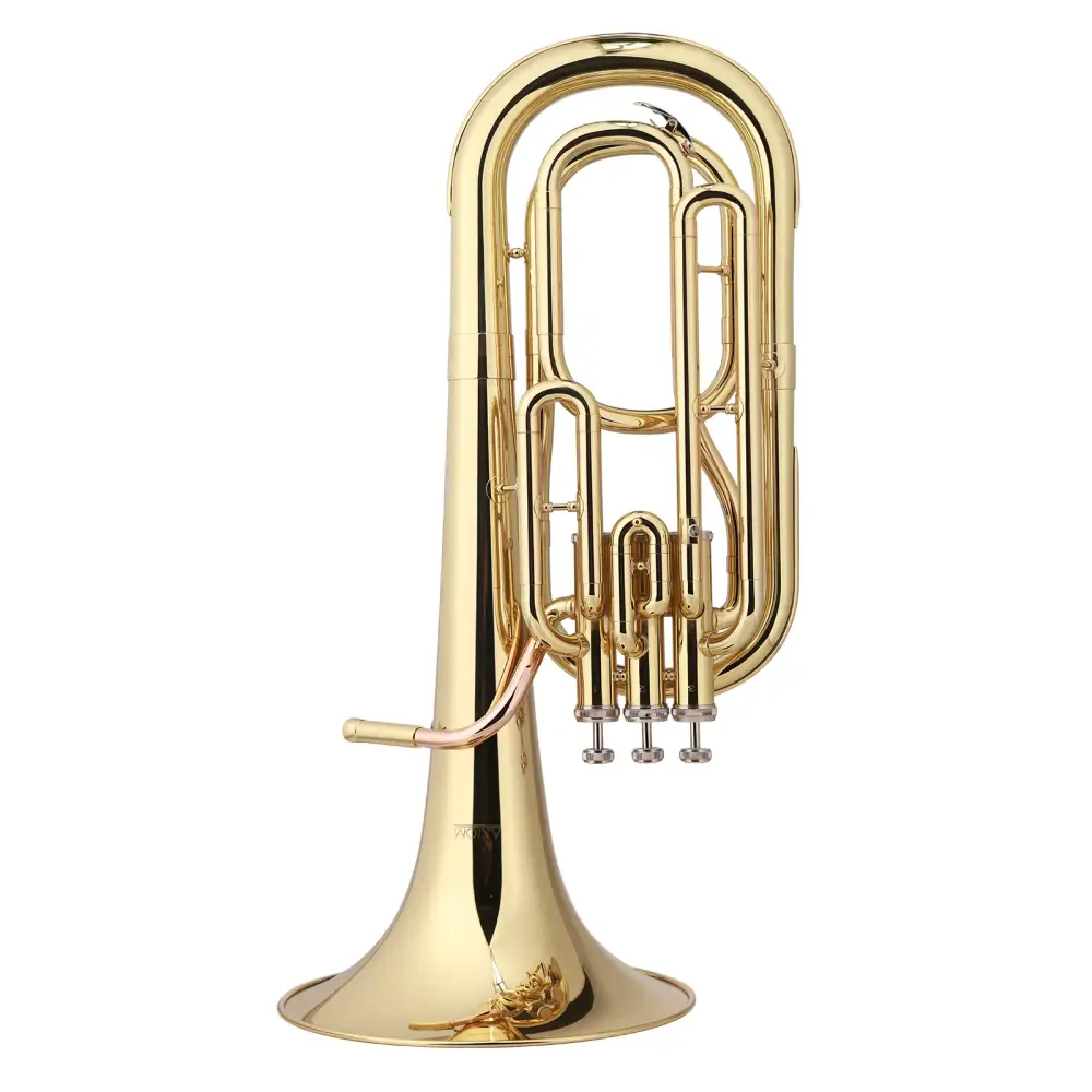 Shiny gold brass axiom student baritone horn bb with three valves and a flared bell for beginners