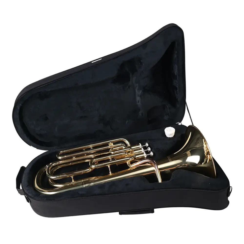 A gold brass axiom student baritone horn bb 3 valve nestled in a black padded case for easy transport