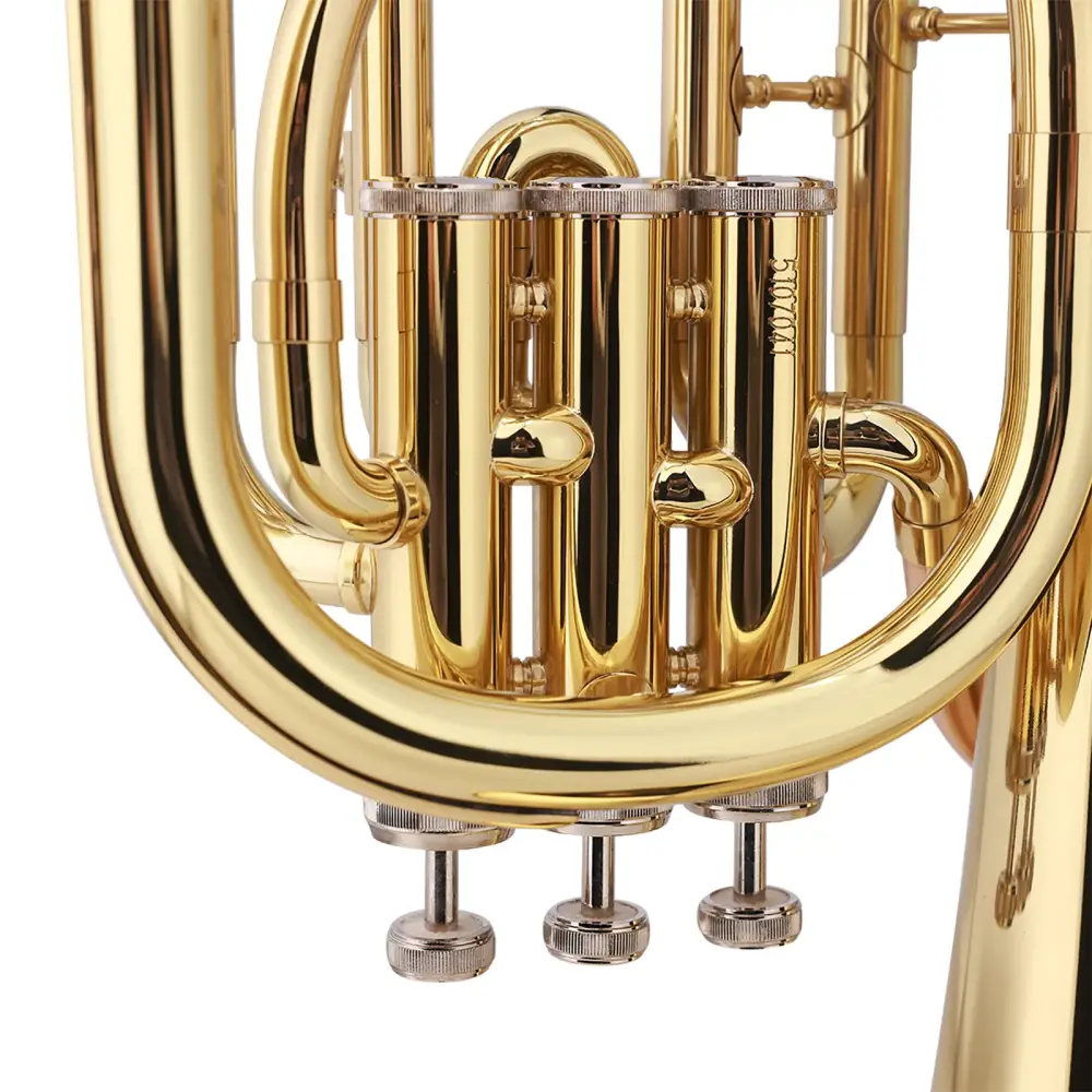 Golden brass valve section of axiom student baritone horn bb 3 valve with polished metallic valves and tubing