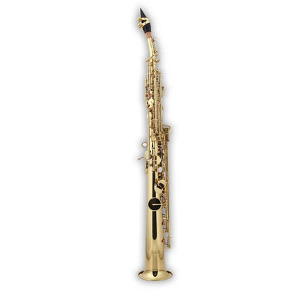 Gold-colored axiom student soprano saxophone bb with black mouthpiece and key guards shown from the back side