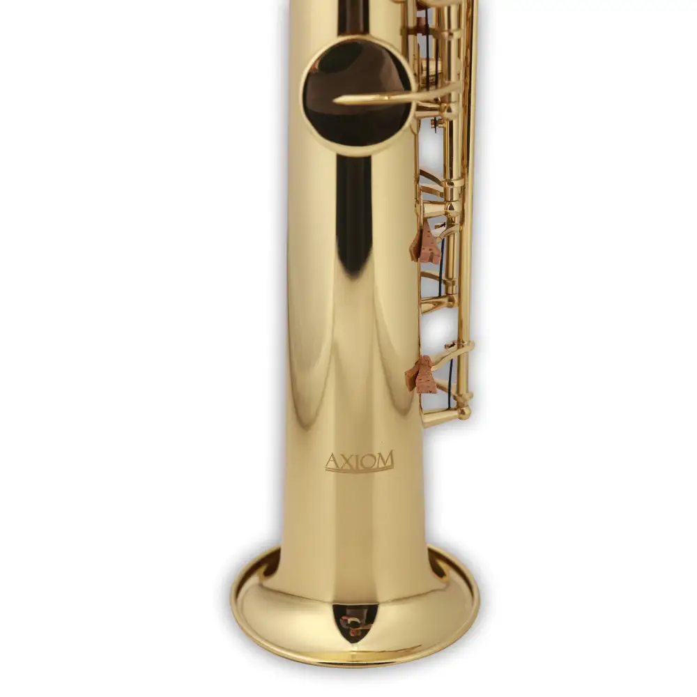 Gold-colored axiom student soprano saxophone bb with shiny brass body and intricate keywork shown from the back side