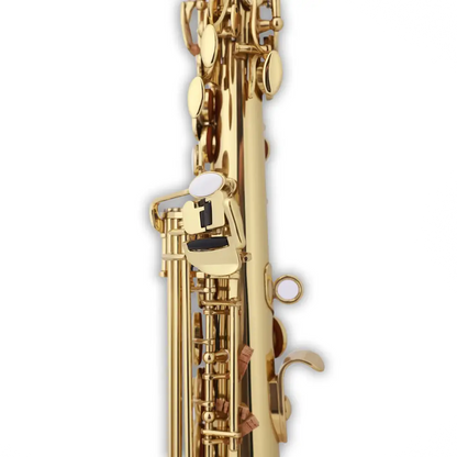 Golden axiom student soprano saxophone bb with polished brass keys and sleek reflective body in premium case
