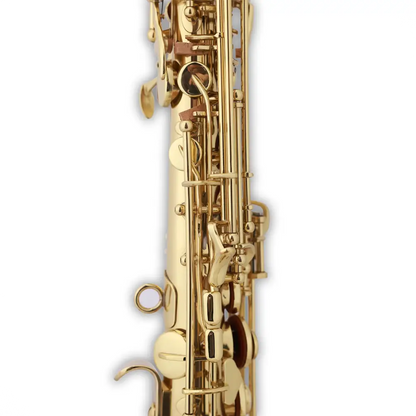 Golden axiom student soprano saxophone bb with intricate keywork polished brass finish and premium case