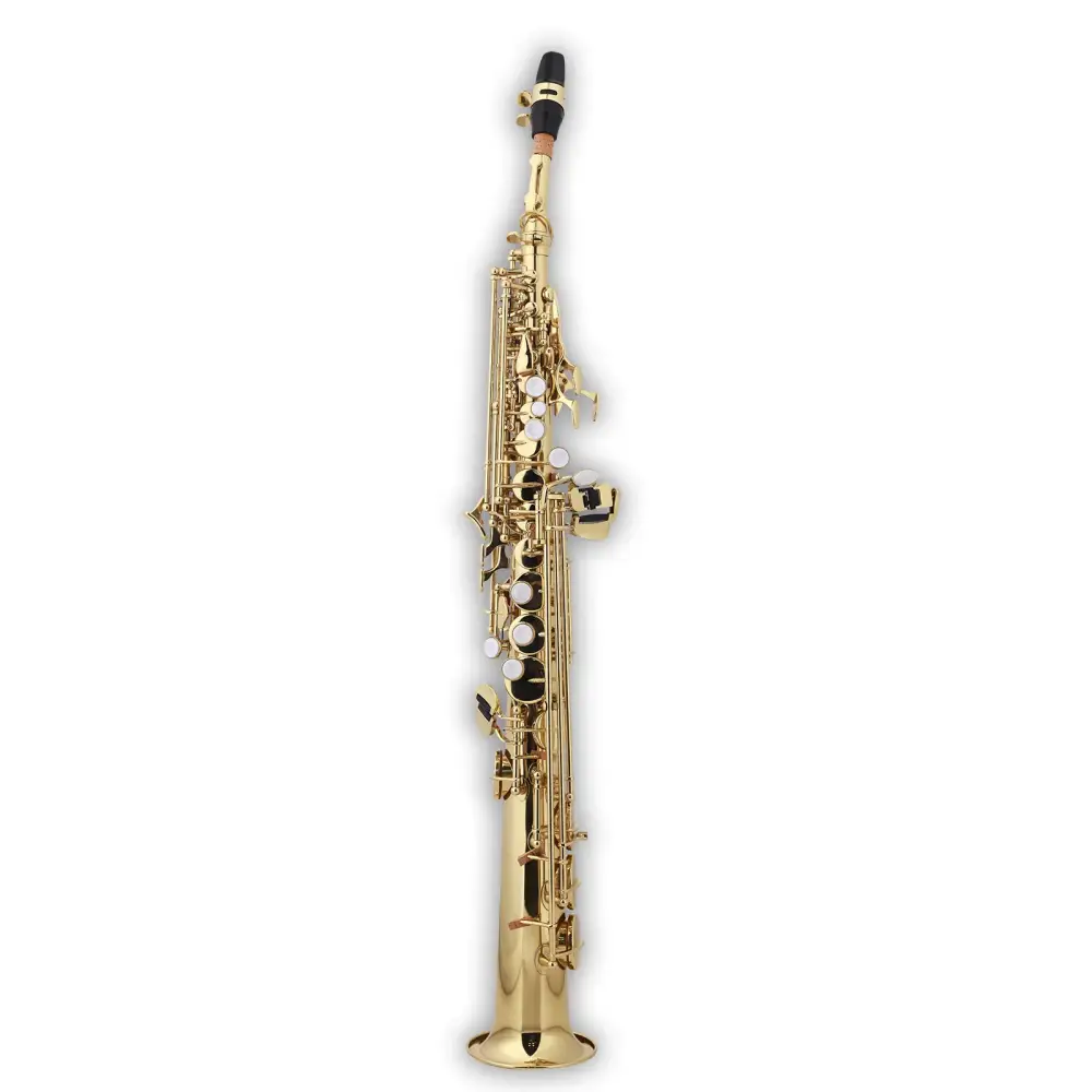 Gold-colored axiom student soprano saxophone bb with black mouthpiece and white key pads in premium case