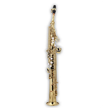 Gold-colored axiom student soprano saxophone bb with black mouthpiece and white key pads in premium case