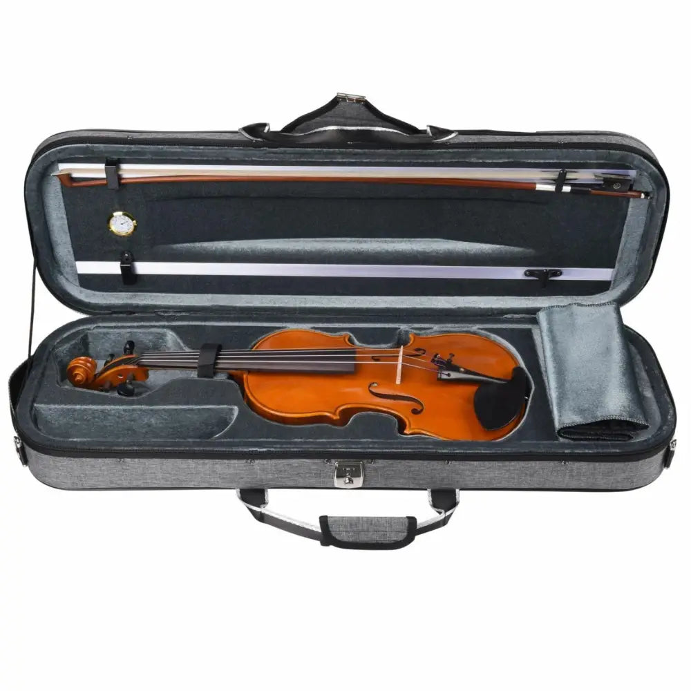 Open Axiom Symphony Series 4/4 violin case with professional violin outfit and accessories