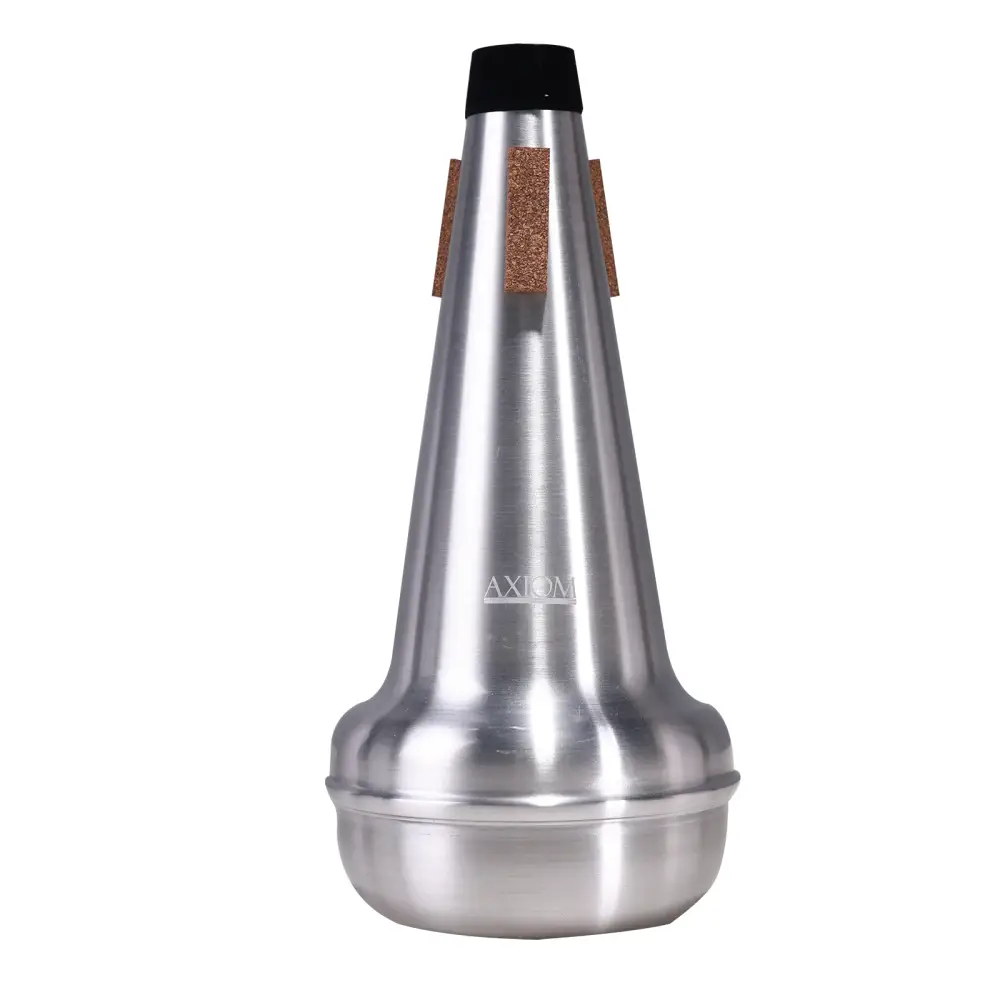 Axiom trombone straight mute in brushed silver with black top cap and brown cork pads on its tapered body