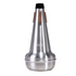 Axiom trombone straight mute in brushed silver with black top cap and brown cork pads on its tapered body