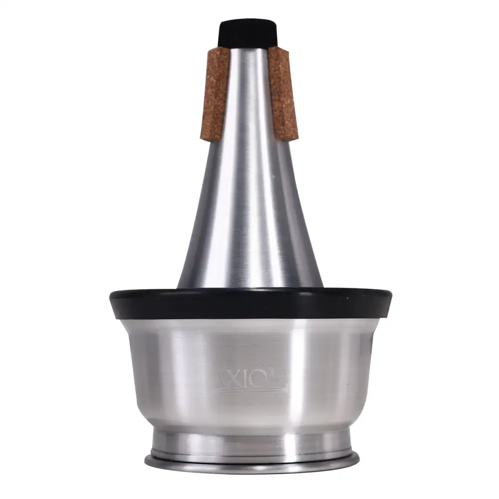 Silver metallic axiom trumpet cup mute with black rubber rings and cork inserts on tapered neck shown from back side