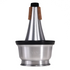 Silver metallic axiom trumpet cup mute with black rubber rings and cork inserts on tapered neck shown from back side
