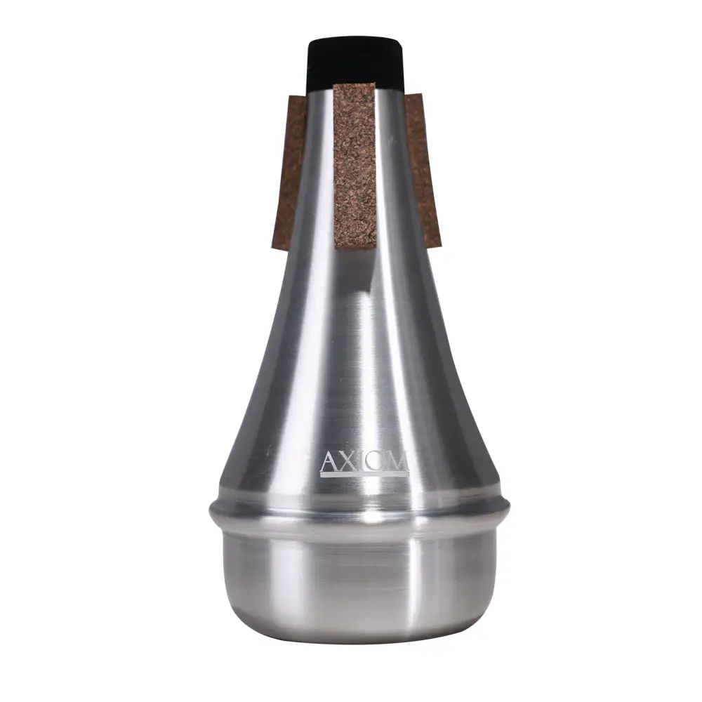 Silver metal axiom trumpet straight mute with black cork top and brown cork flaps shown from the back side