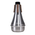 Silver metal axiom trumpet straight mute with black cork top and brown cork flaps shown from the back side