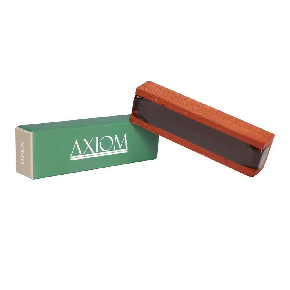Axiom violin rosin with a wooden case featuring a smooth dark interior and reddish-brown exterior