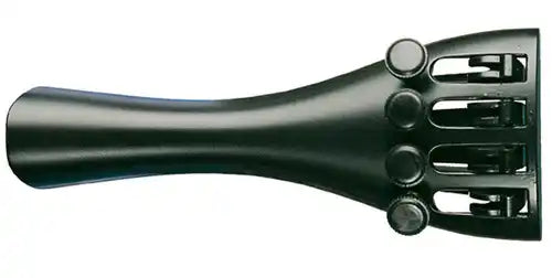 A black guitar tailpiece with four string slots and four adjustment knobs, viewed from above on a white background.