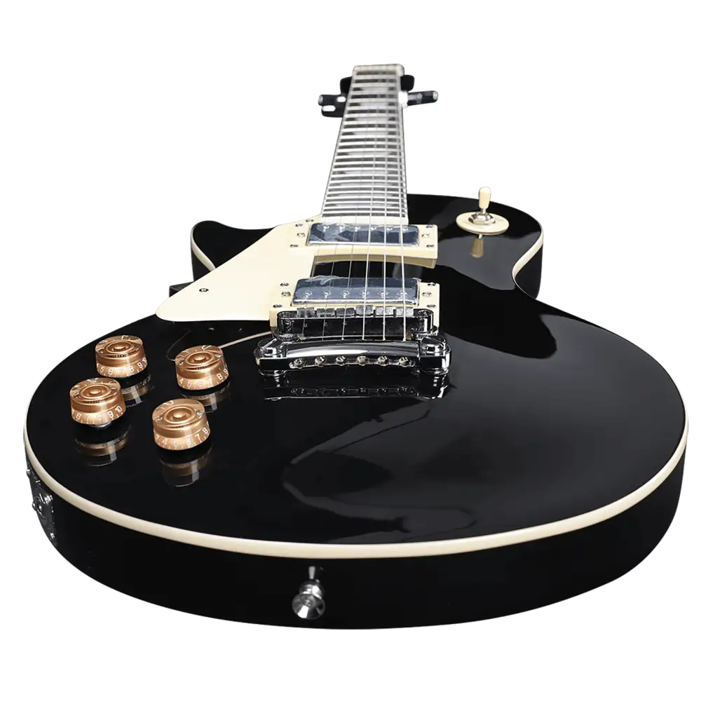 Left handed electric guitar with cream accents and gold control knobs for starters
