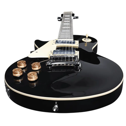 Left handed electric guitar with cream accents and gold control knobs for starters
