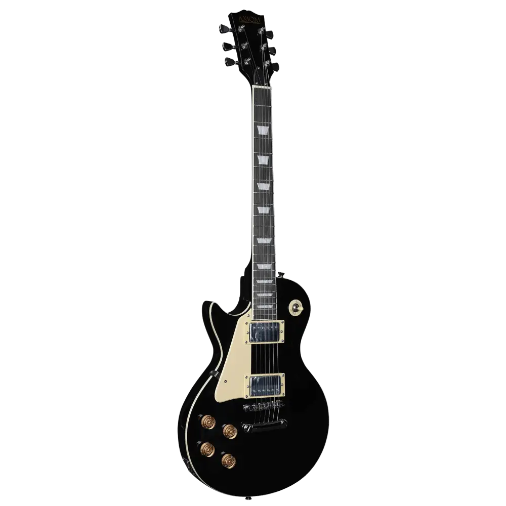 Left handed electric guitar with cream pickguard and gold hardware for beginner players
