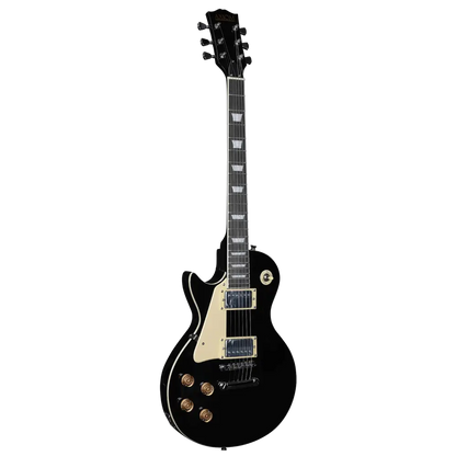 Left handed electric guitar with cream pickguard and gold hardware for beginner players
