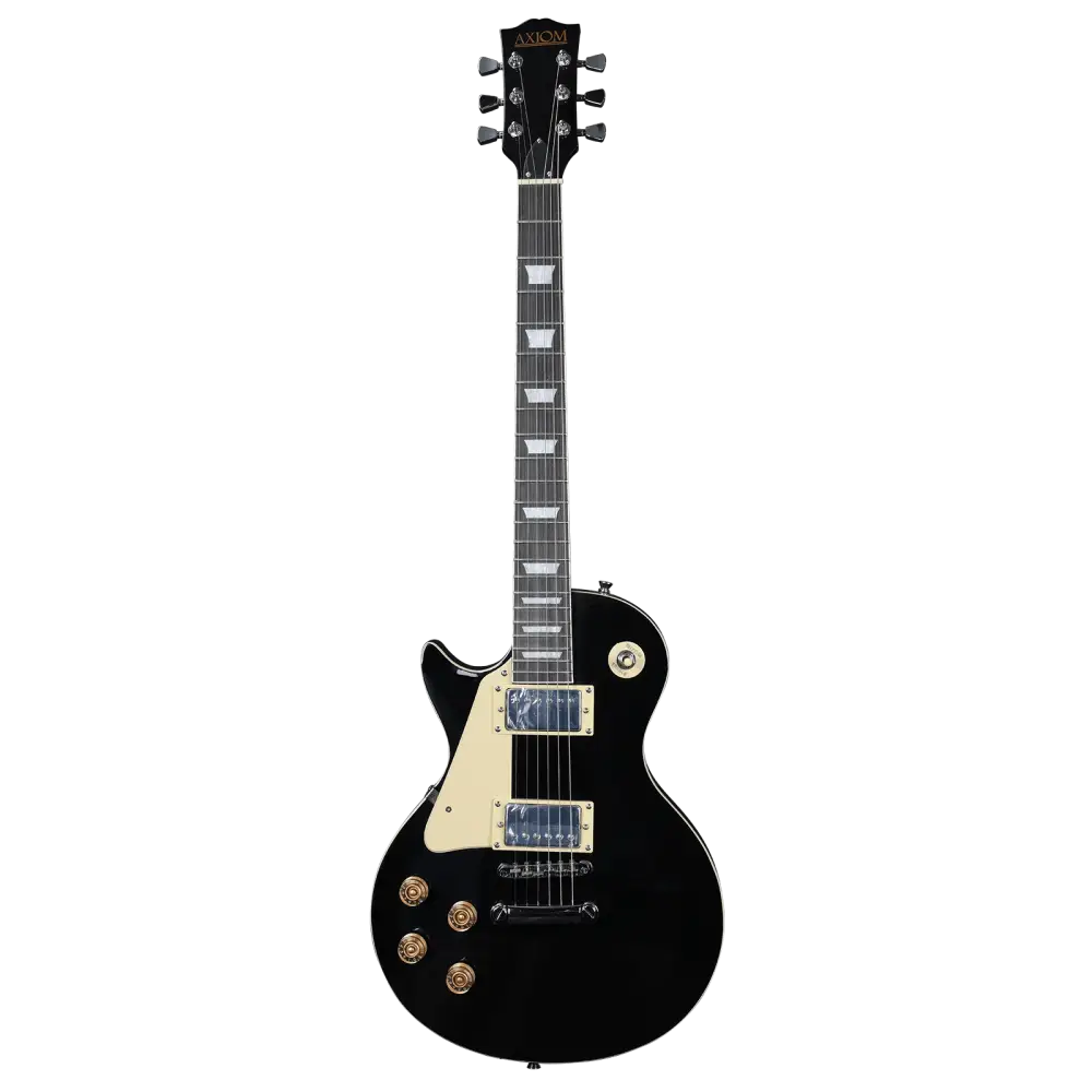 Black left handed electric guitar with cream pickups, gold knobs, trapezoid inlays for sale Australia