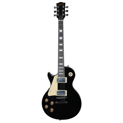 Left handed electric guitar Challenger Black with cream pickup surrounds and gold knobs