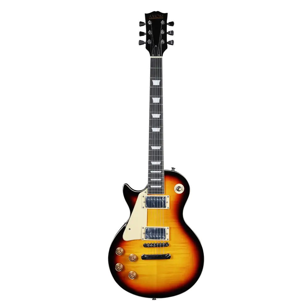 Left handed electric guitar with sunburst finish, humbuckers, and trapezoid inlays