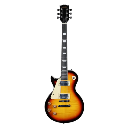 Left handed electric guitar with sunburst finish, humbuckers, and trapezoid inlays