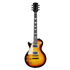 Left handed electric guitar with sunburst finish, humbuckers, and trapezoid inlays