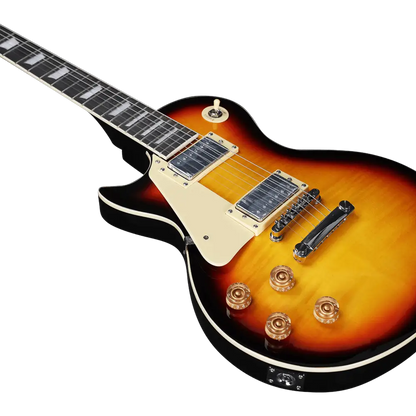 Left handed Sunburst electric guitar with cream binding, humbuckers, and four control knobs
