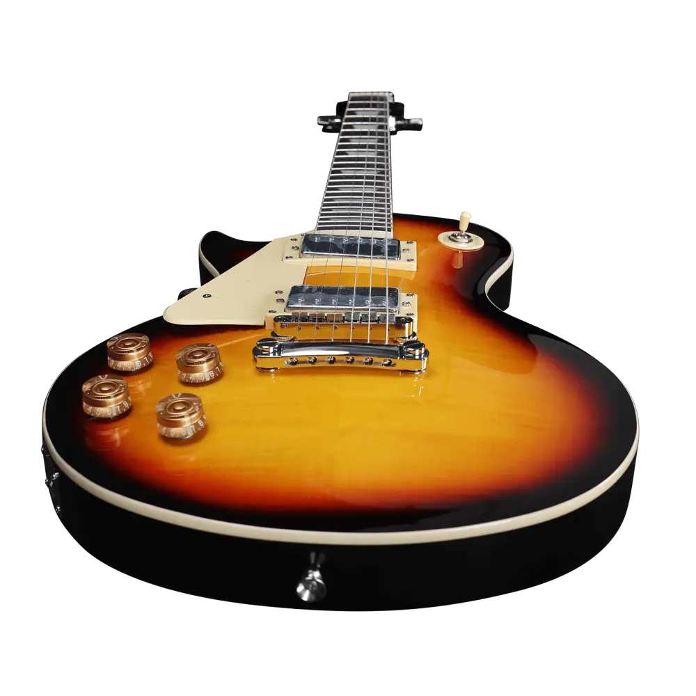Left handed electric guitar with sunburst finish, chrome hardware, and cream binding