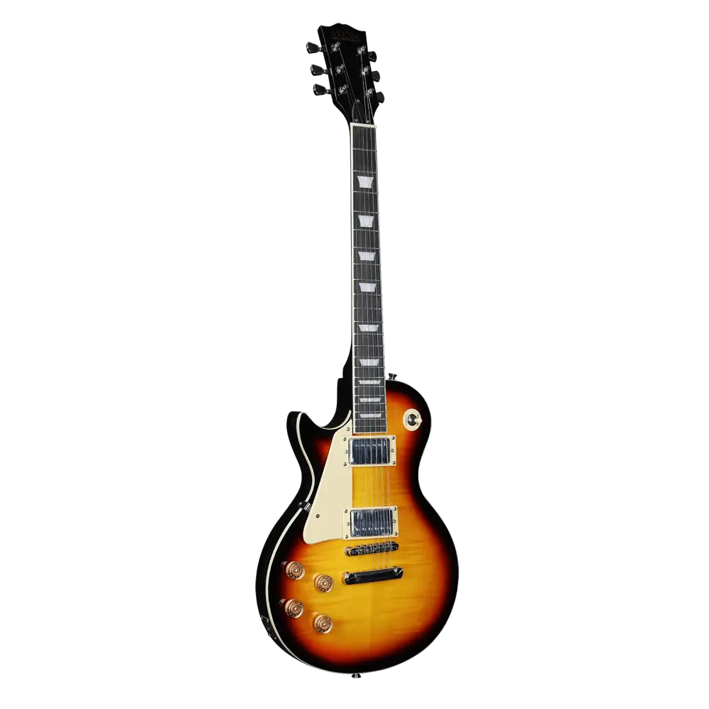 Left handed electric guitar with sunburst finish, cream binding, and block inlays