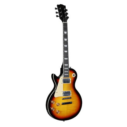 Left handed electric guitar with sunburst finish, cream binding, and block inlays