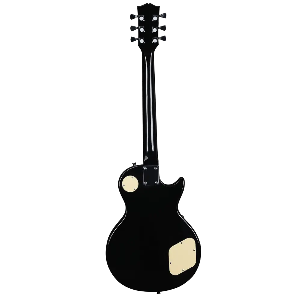 Black left handed guitar with cream control plates, ideal for beginners in Australia