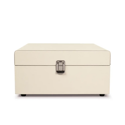 Cream-colored storage box with silver latch for Crosley Voyager Dune Bluetooth portable turntable