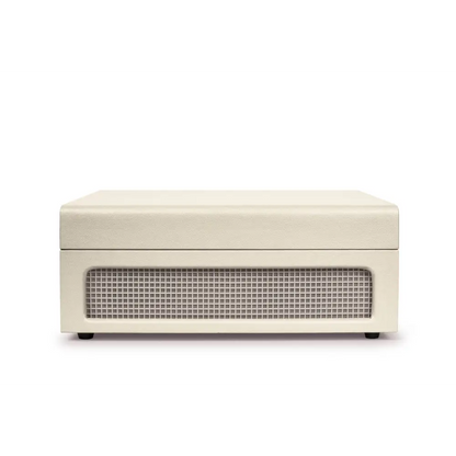Cream-colored Crosley Voyager Dune Bluetooth portable turntable with perforated speaker grille