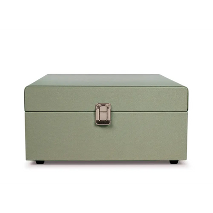 Pale green leather storage box with silver latch for Crosley Voyager Sage Bluetooth portable turntable