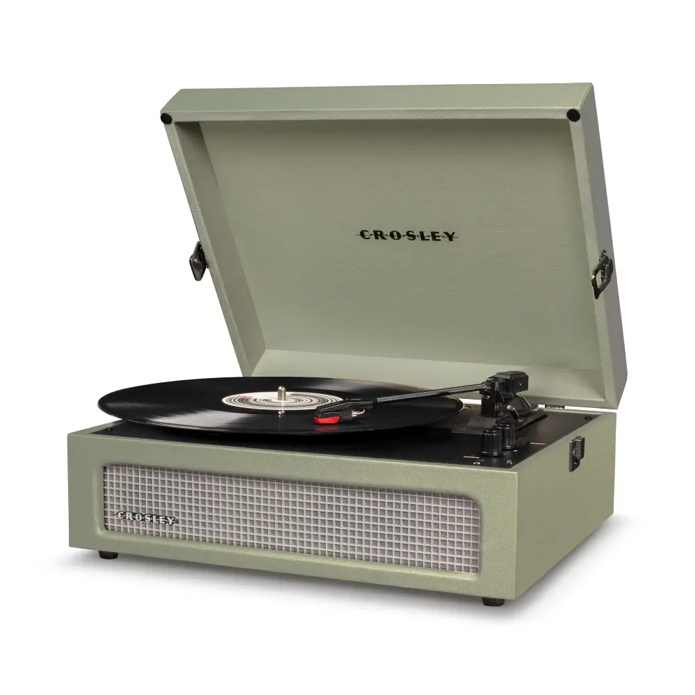 Crosley Voyager Sage Bluetooth portable turntable with built-in vinyl sound and open lid