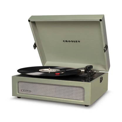 Crosley Voyager Sage Bluetooth portable turntable with built-in vinyl sound and open lid