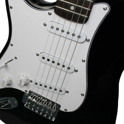 Black left handed electric guitar with white pickguard from Discovery Left Handed Beginner Pack