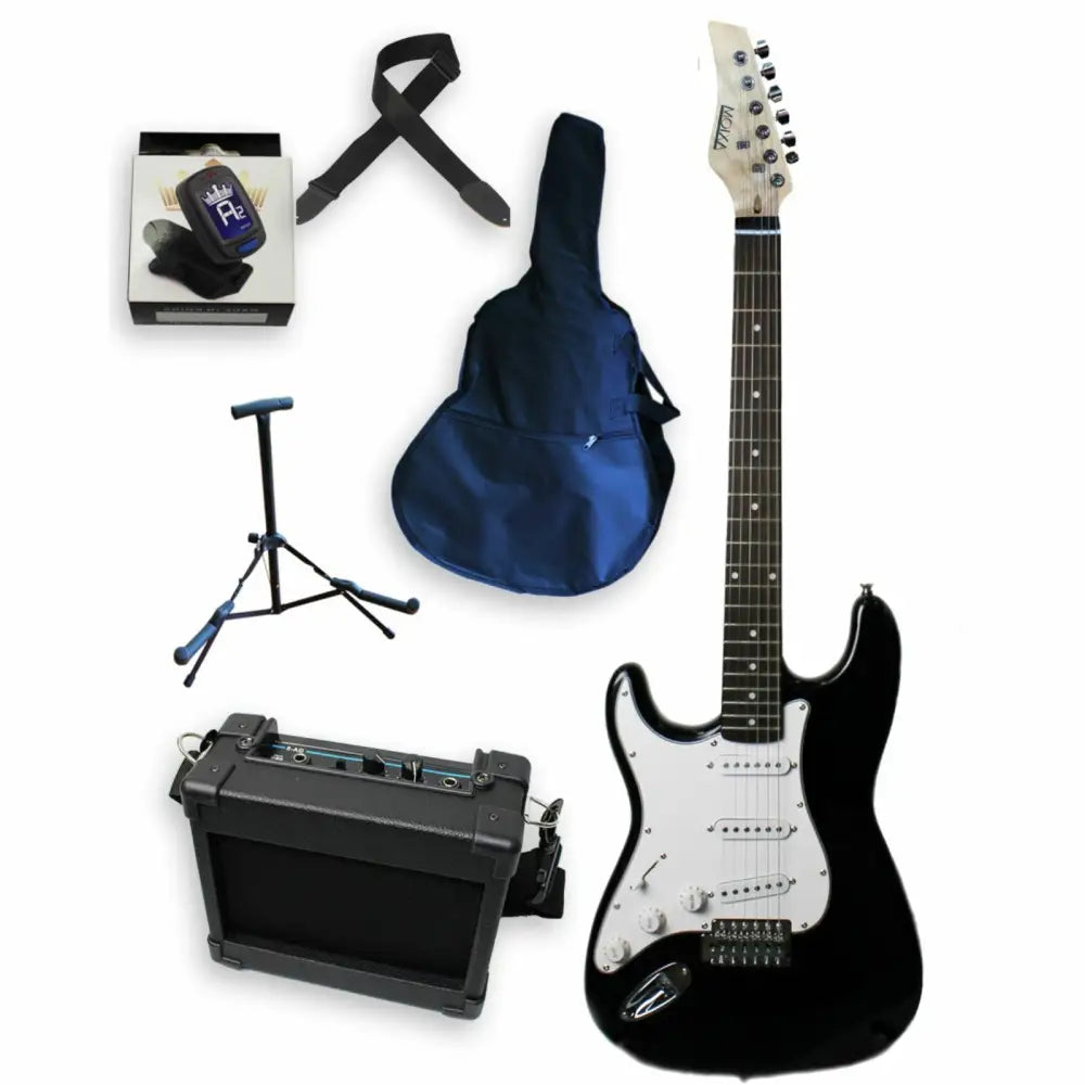 Black left handed electric guitar with gig bag, amp, stand, strap, and tuner in beginner pack