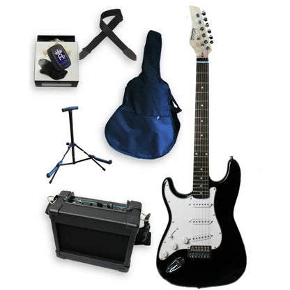 Left handed black electric guitar from Discovery Left Handed Beginner Electric Guitar Pack with accessories